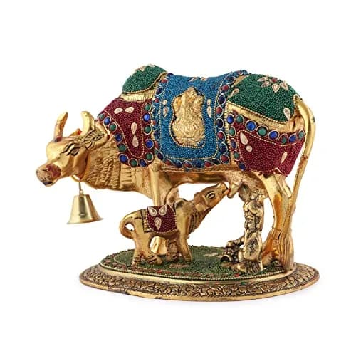 Kalakriti Metal Kamdhenu Cow and Calf Idol 1 kg | Religious Decor for Pooja Room & Living thumbnail 1