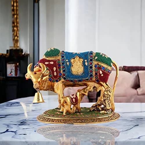 Kalakriti Metal Kamdhenu Cow and Calf Idol 1 kg | Religious Decor for Pooja Room & Living thumbnail 4