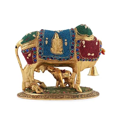 Kalakriti Metal Kamdhenu Cow and Calf Idol 1 kg | Religious Decor for Pooja Room & Living thumbnail 5