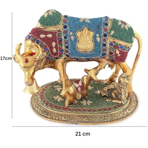 Kalakriti Metal Kamdhenu Cow and Calf Idol 1 kg | Religious Decor for Pooja Room & Living thumbnail 2