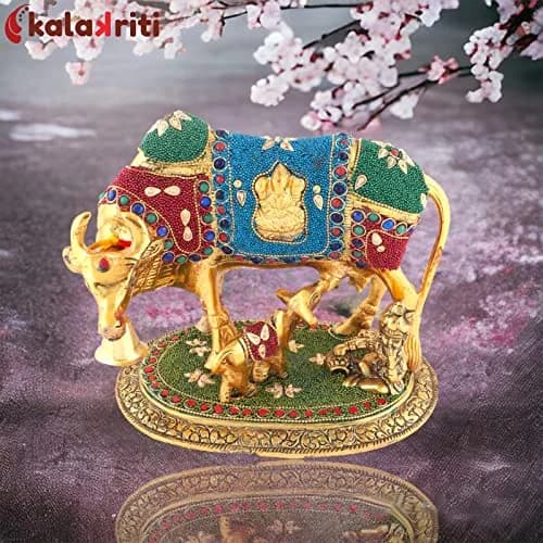 Kalakriti Metal Kamdhenu Cow and Calf Idol 1 kg | Religious Decor for Pooja Room & Living thumbnail 3