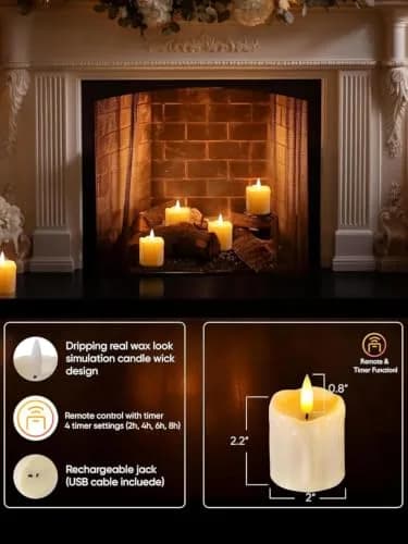 Homemory Rechargeable Flameless Votive Candles 2" x 2" | Remote Timer, 6 Pack, Battery & USB Powered thumbnail 3
