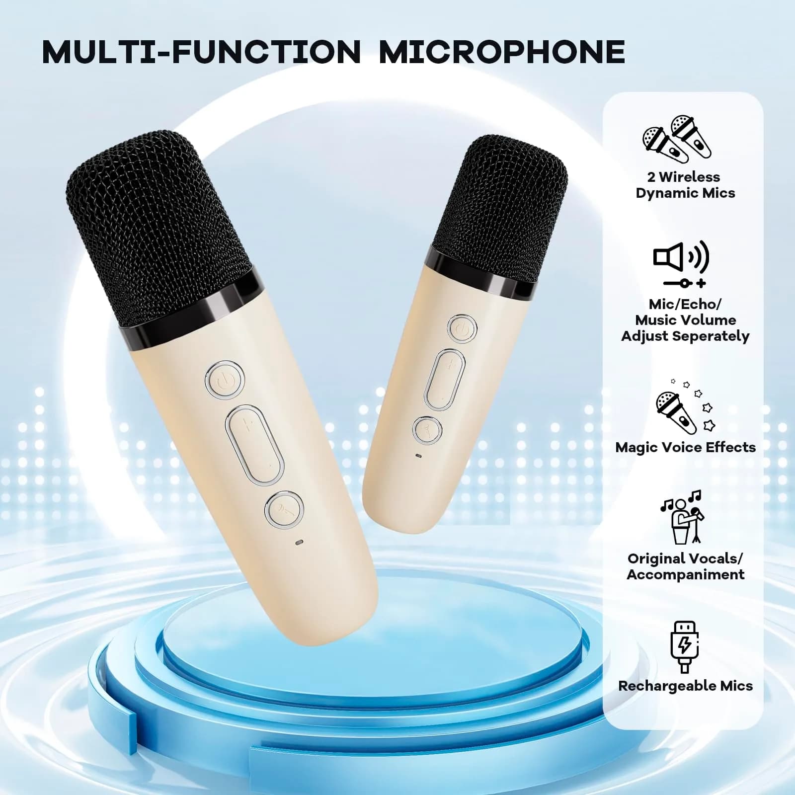 YLL Mini Karaoke Machine with 2 Wireless Microphones, Bluetooth Speaker for Kids & Adults (Cream) - view 3