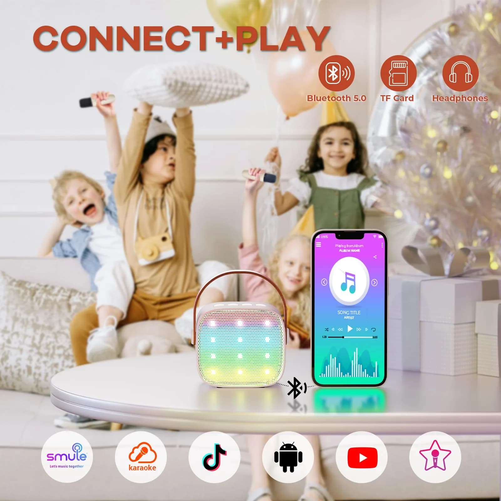 YLL Mini Karaoke Machine with 2 Wireless Microphones, Bluetooth Speaker for Kids & Adults (Cream) - view 5
