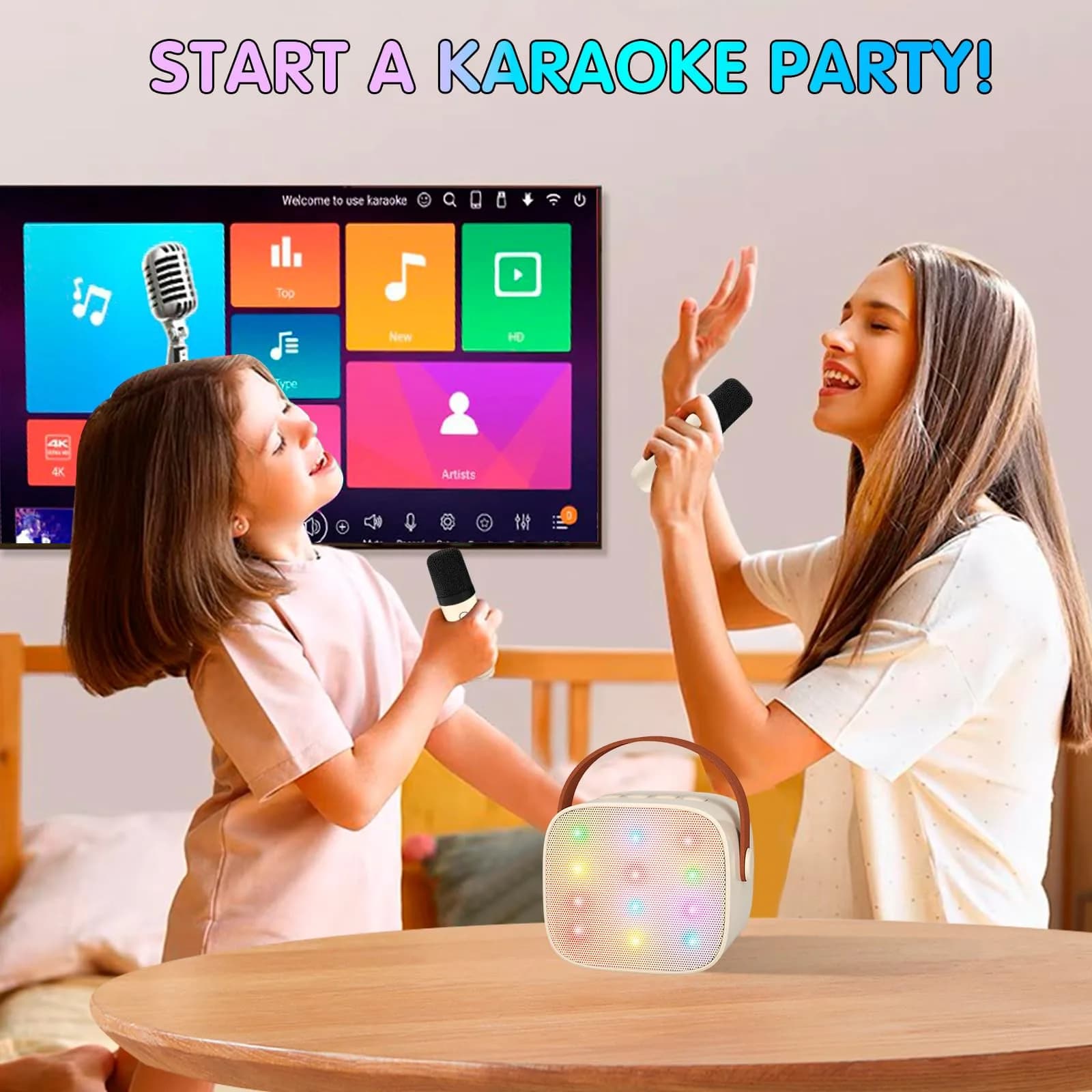 YLL Mini Karaoke Machine with 2 Wireless Microphones, Bluetooth Speaker for Kids & Adults (Cream) - view 6
