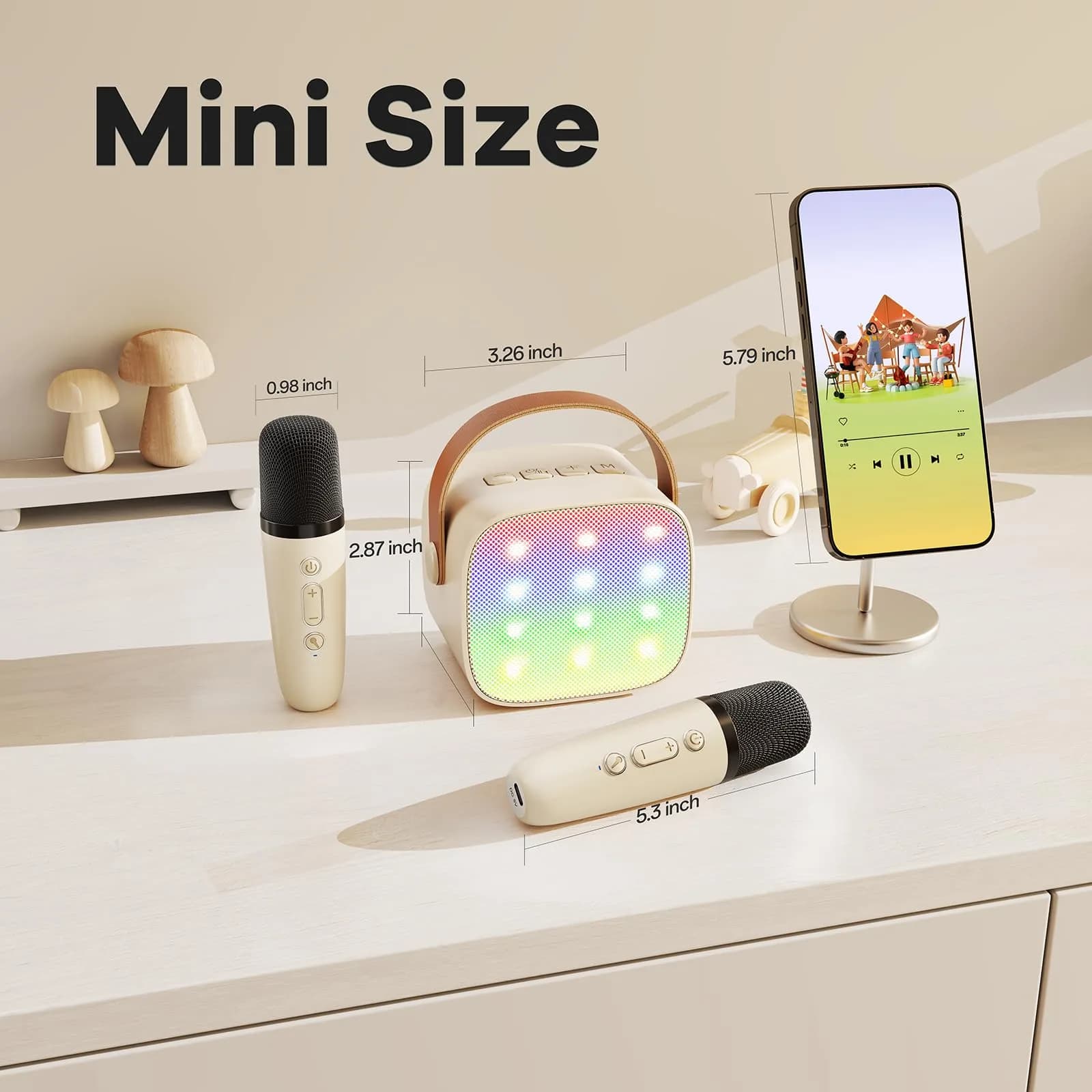 YLL Mini Karaoke Machine with 2 Wireless Microphones, Bluetooth Speaker for Kids & Adults (Cream) - view 7