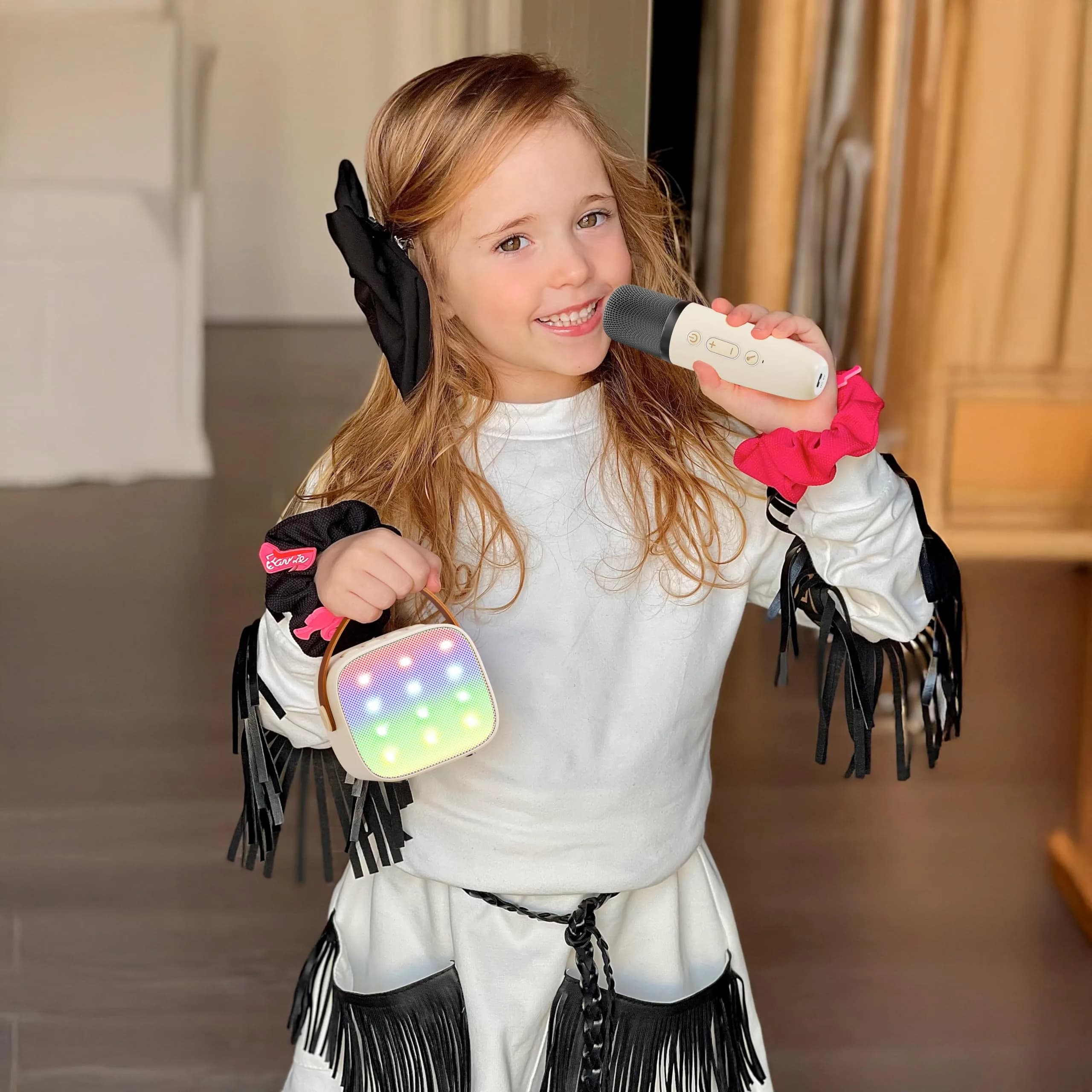 YLL Mini Karaoke Machine with 2 Wireless Microphones, Bluetooth Speaker for Kids & Adults (Cream) - view 8