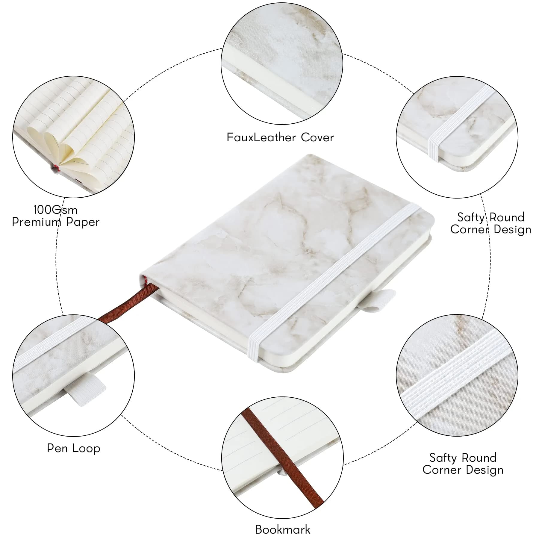Animusphere Marble Pocket Notebook Set 200 Pages (10.2 x 14.5 cm / 4 x 5.7 inches) | Soft Leather Cover, Pen Holder, Page Marker - view 7