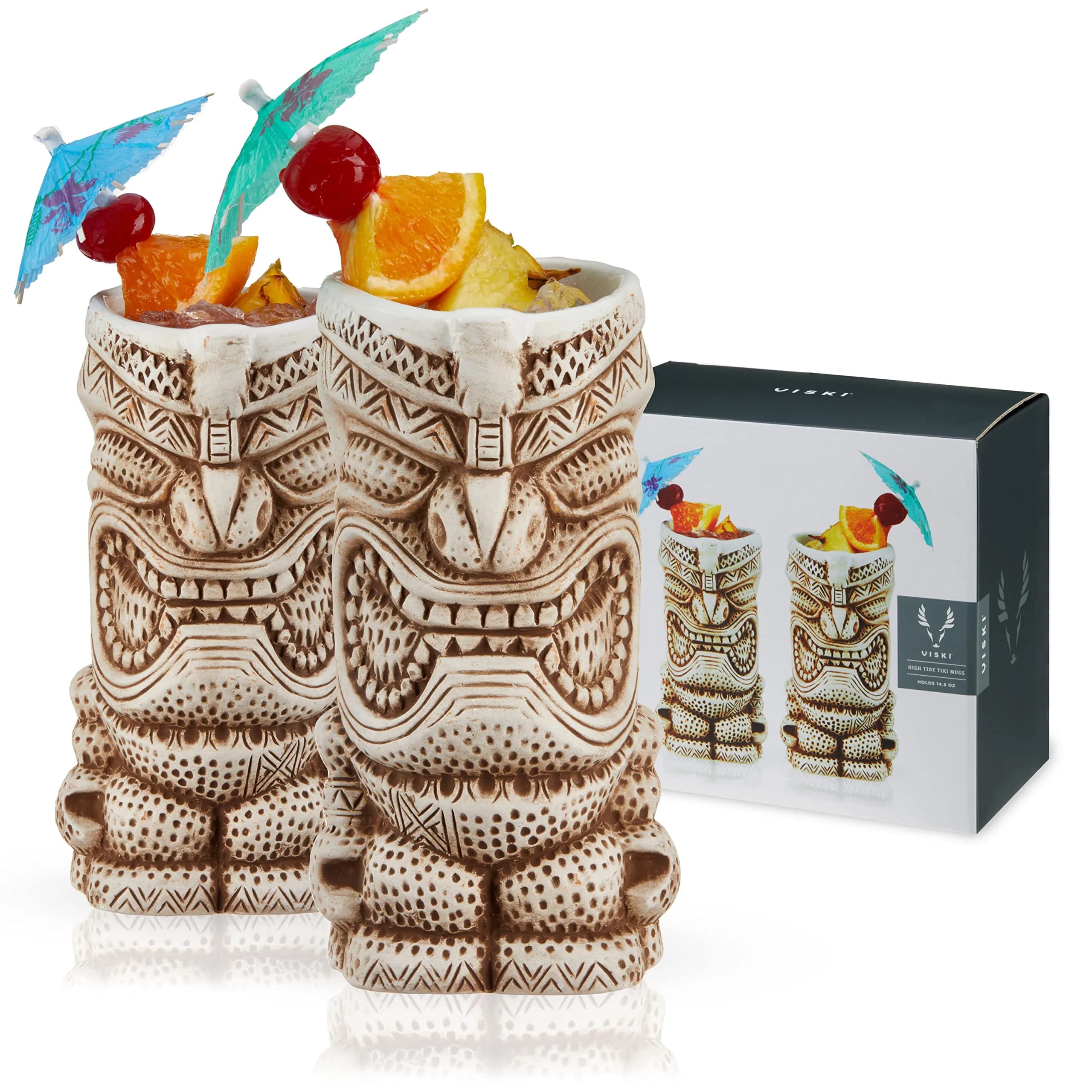 Viski High Tide Tiki Mugs - Hand Painted Ceramic Tiki Glasses for Cocktails - Tiki Barware 14.5oz Set of 2 White thumbnail 1