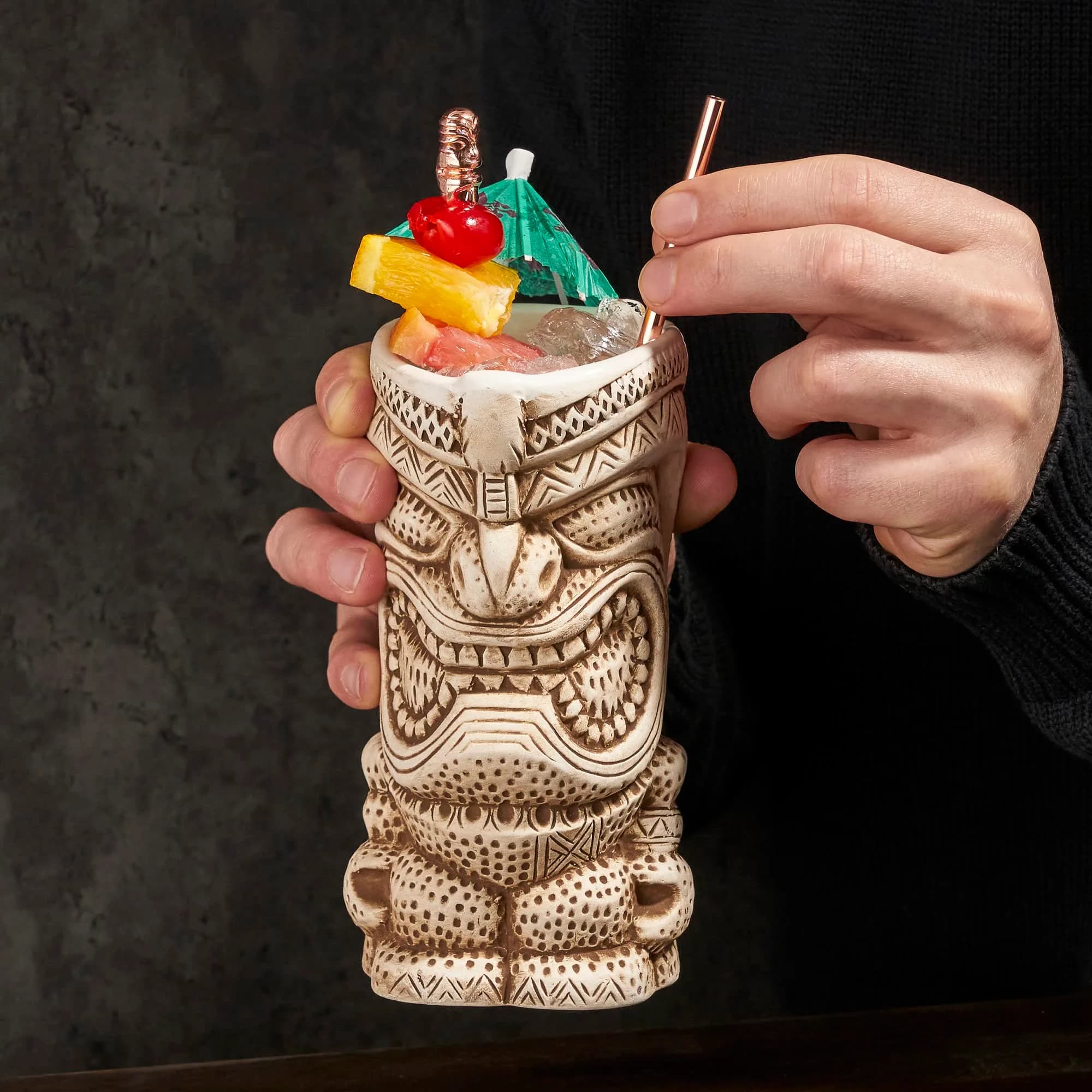 Viski High Tide Tiki Mugs - Hand Painted Ceramic Tiki Glasses for Cocktails - Tiki Barware 14.5oz Set of 2 White thumbnail 5