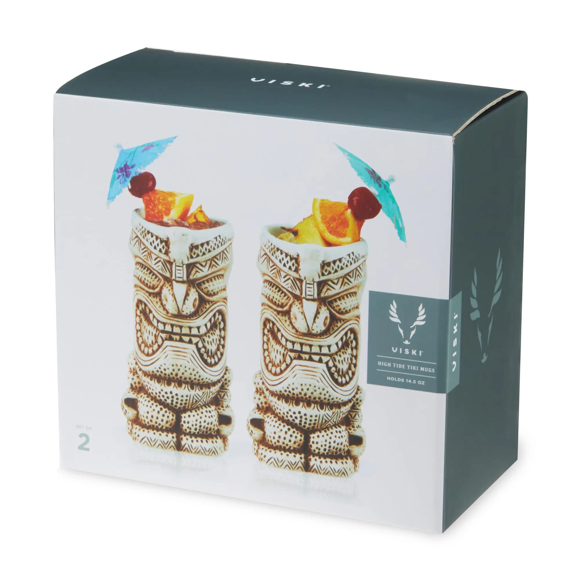 Viski High Tide Tiki Mugs - Hand Painted Ceramic Tiki Glasses for Cocktails - Tiki Barware 14.5oz Set of 2 White thumbnail 9
