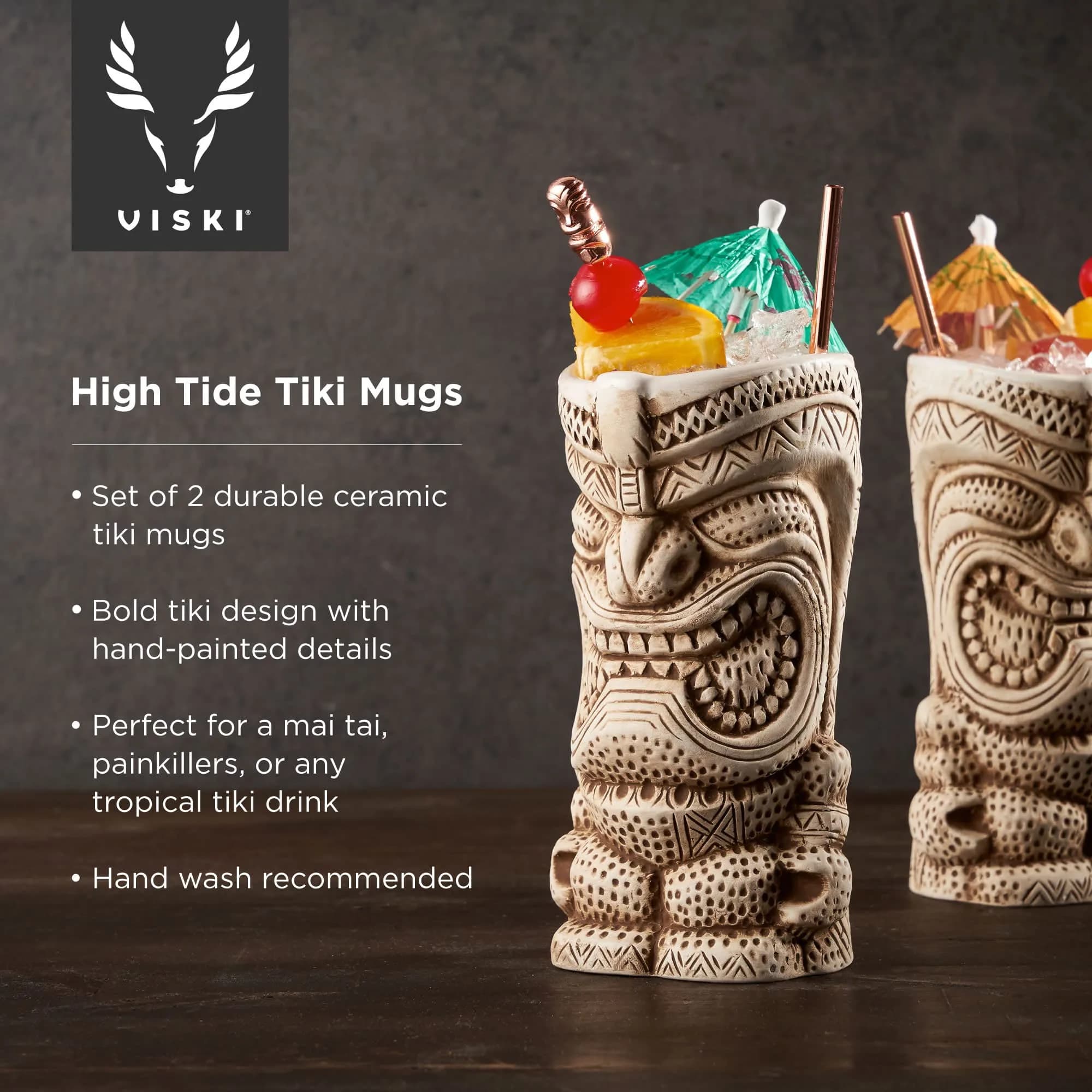 Viski High Tide Tiki Mugs - Hand Painted Ceramic Tiki Glasses for Cocktails - Tiki Barware 14.5oz Set of 2 White thumbnail 2