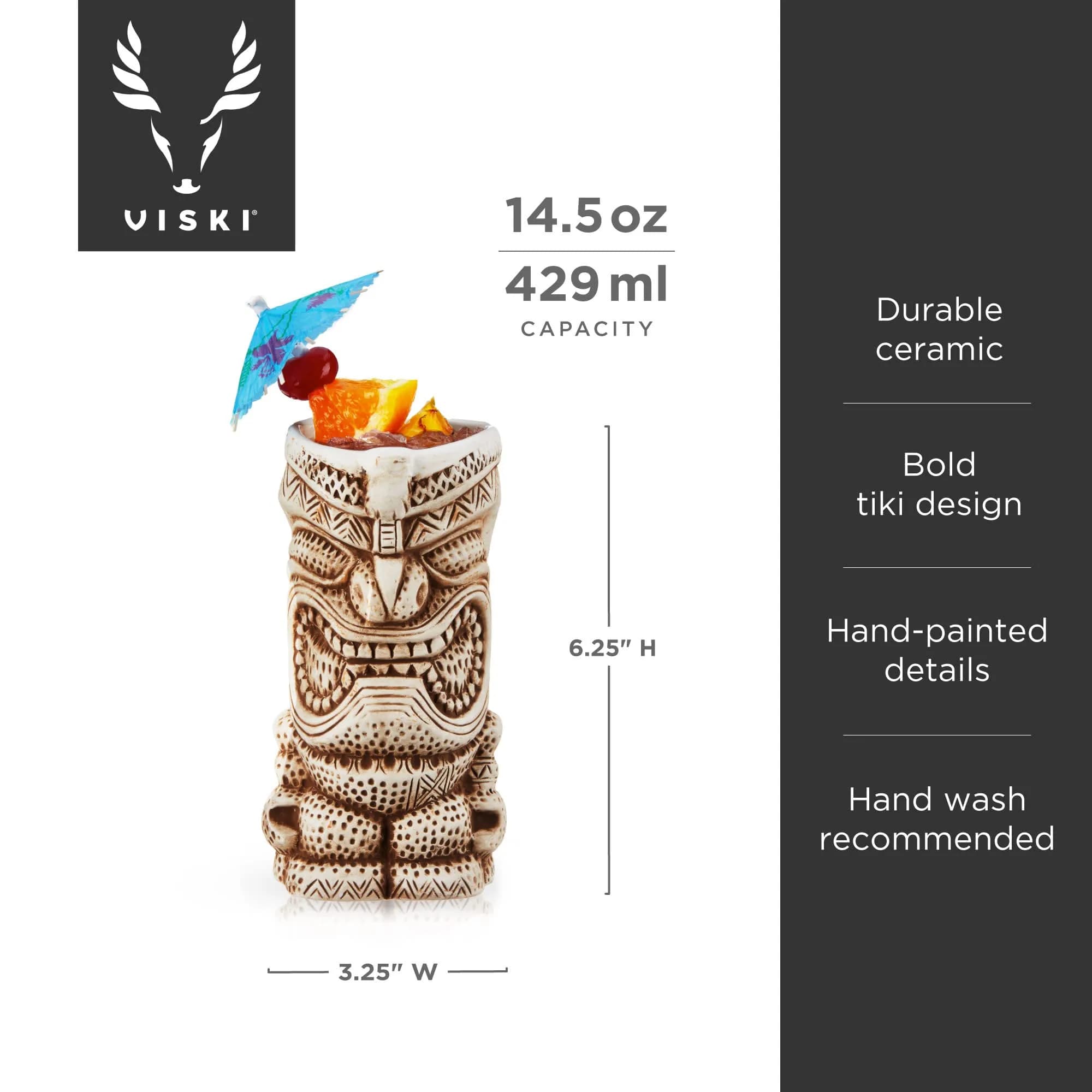 Viski High Tide Tiki Mugs - Hand Painted Ceramic Tiki Glasses for Cocktails - Tiki Barware 14.5oz Set of 2 White thumbnail 3