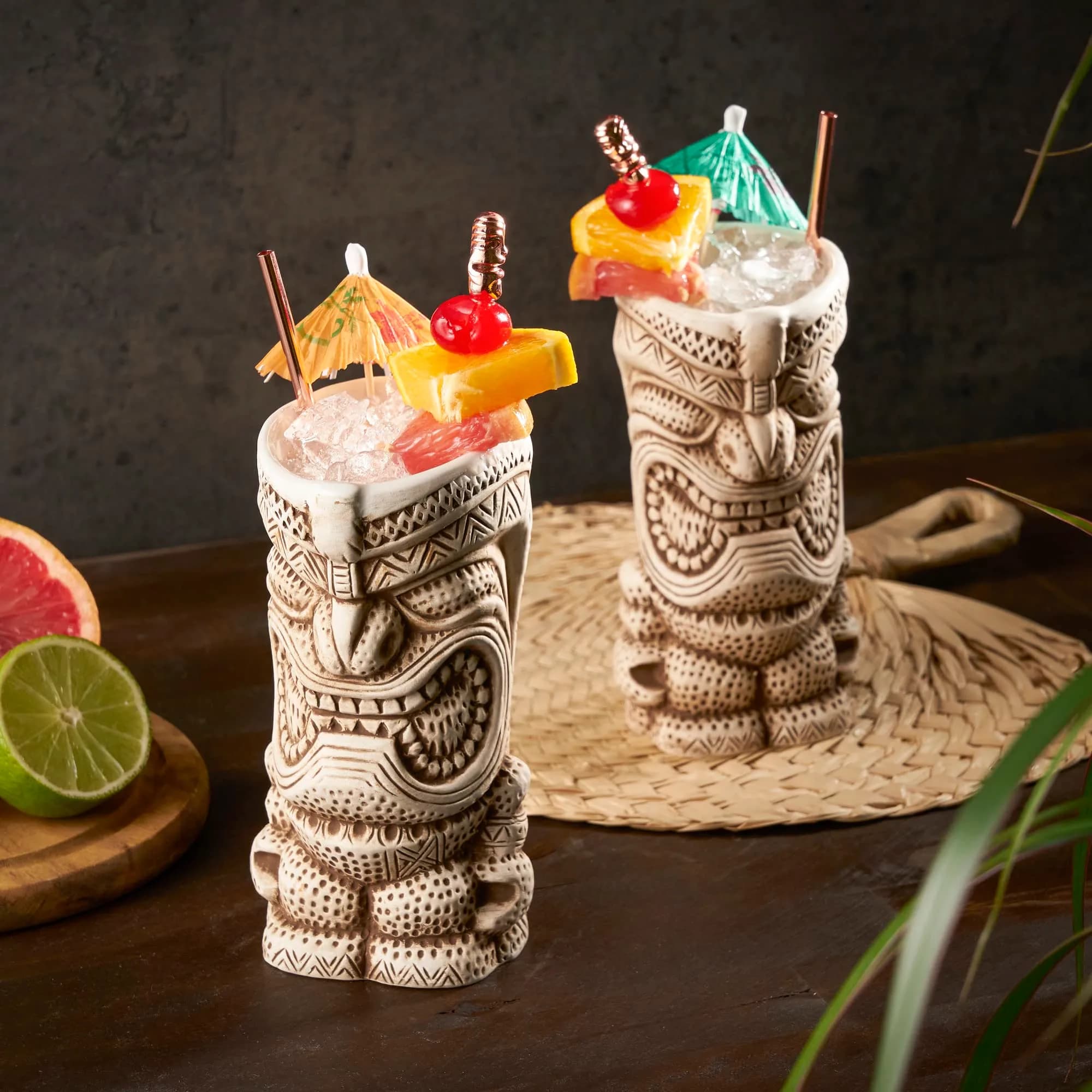 Viski High Tide Tiki Mugs - Hand Painted Ceramic Tiki Glasses for Cocktails - Tiki Barware 14.5oz Set of 2 White thumbnail 4