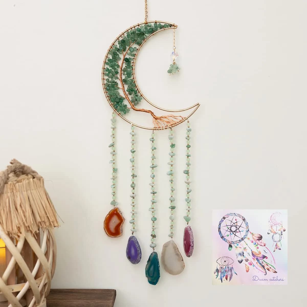 Dreamsum Green Agate Dream Catcher with Crystal Tree of Life | Handmade Home Decor (55CM x 16CM)