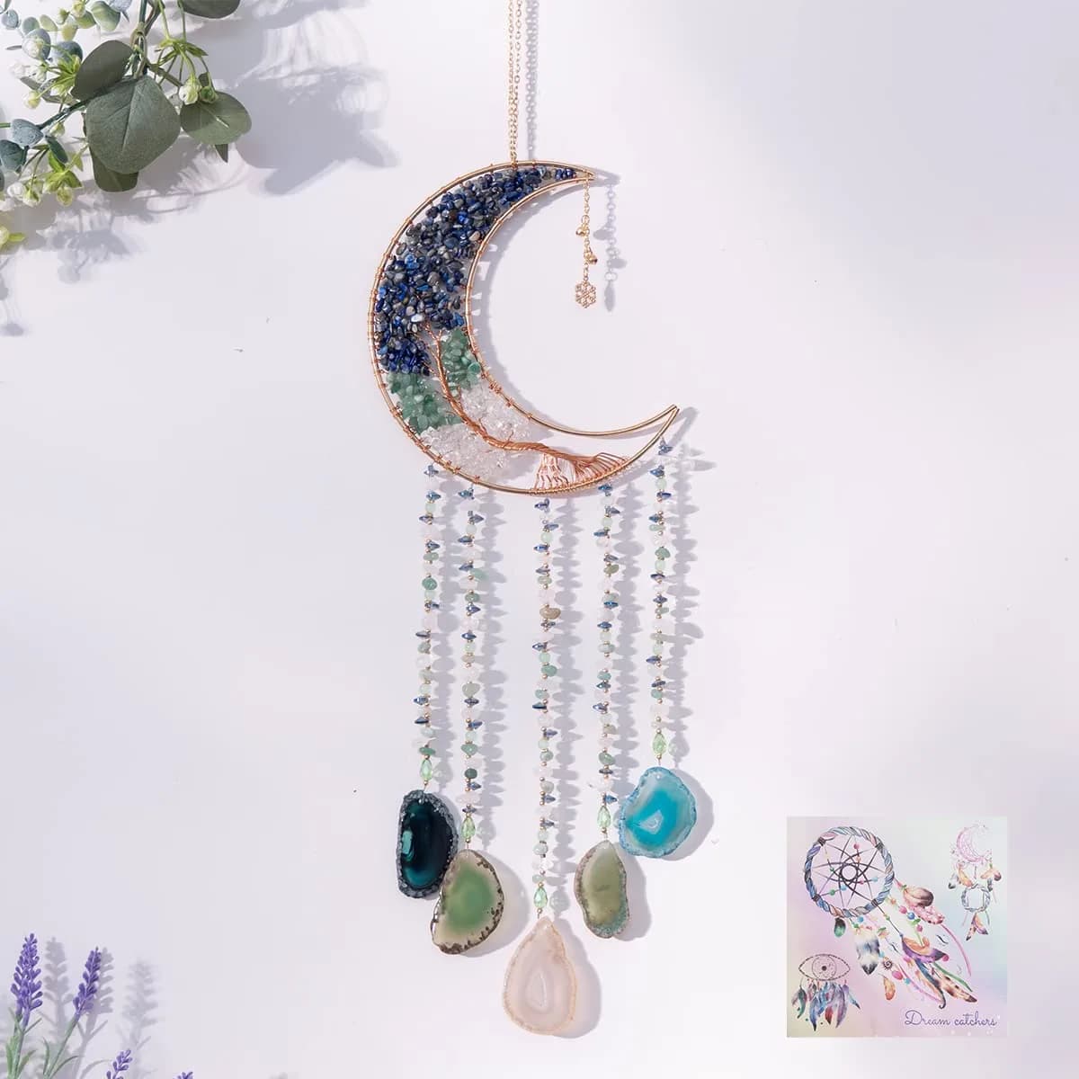 Dreamsum Handmade Dream Catcher Moon Decor with Tree of Life and Agate Pendant | Boho Wall Hanging with Rainbow Reflection — Colorful