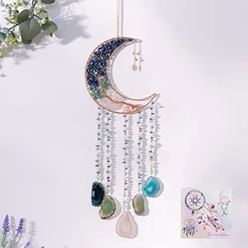 Dreamsum Handmade Dream Catcher Moon Decor with Tree of Life and Agate Pendant | Boho Wall Hanging with Rainbow Reflection thumbnail 1