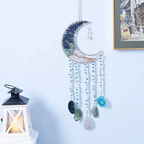 Dreamsum Handmade Dream Catcher Moon Decor with Tree of Life and Agate Pendant | Boho Wall Hanging with Rainbow Reflection thumbnail 4