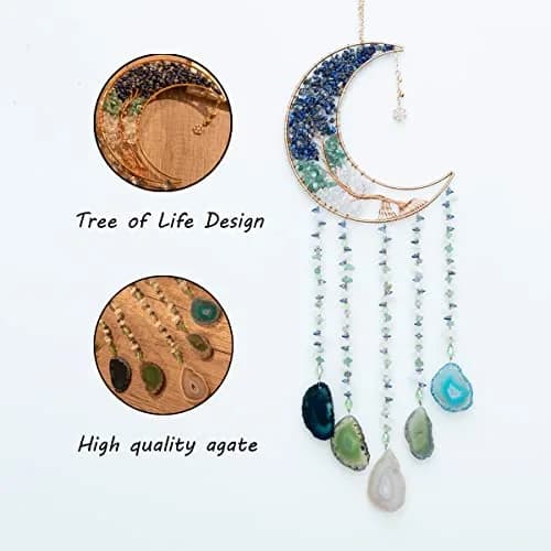 Dreamsum Handmade Dream Catcher Moon Decor with Tree of Life and Agate Pendant | Boho Wall Hanging with Rainbow Reflection thumbnail 2