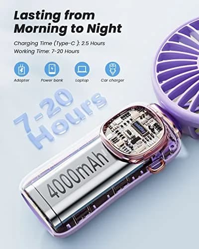 coldSky Portable Handheld Fan, 4000mAh Battery, 3-in-1, 5 Speed, Foldable, Digital Display, Quiet Operation, for Travel & Office thumbnail 3