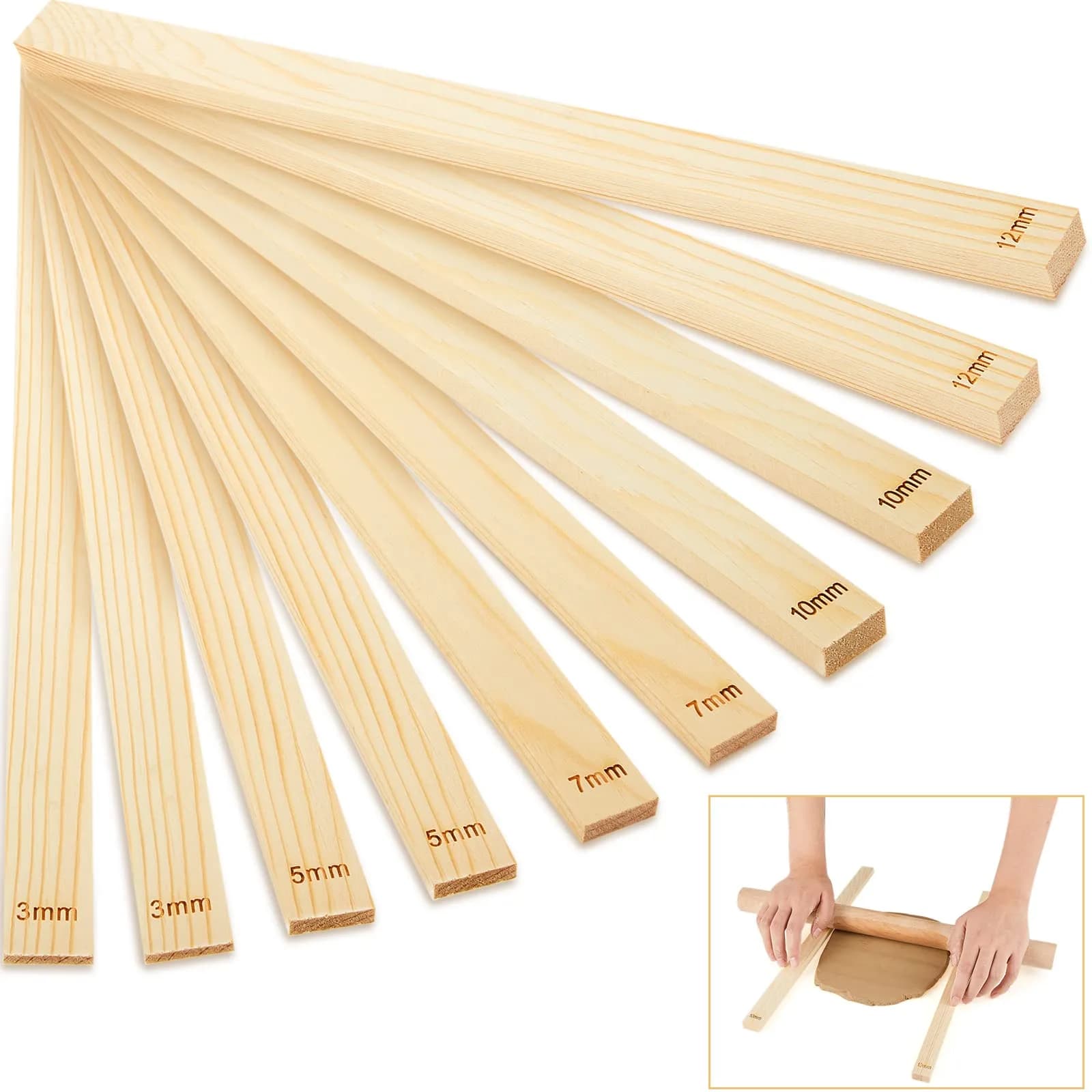 Sasylvia 10 Pcs Wood Clay Pottery Rolling Pin Guides Set, 34cm (13.4in) Length | Essential for Flat Clay Slabs - main product image