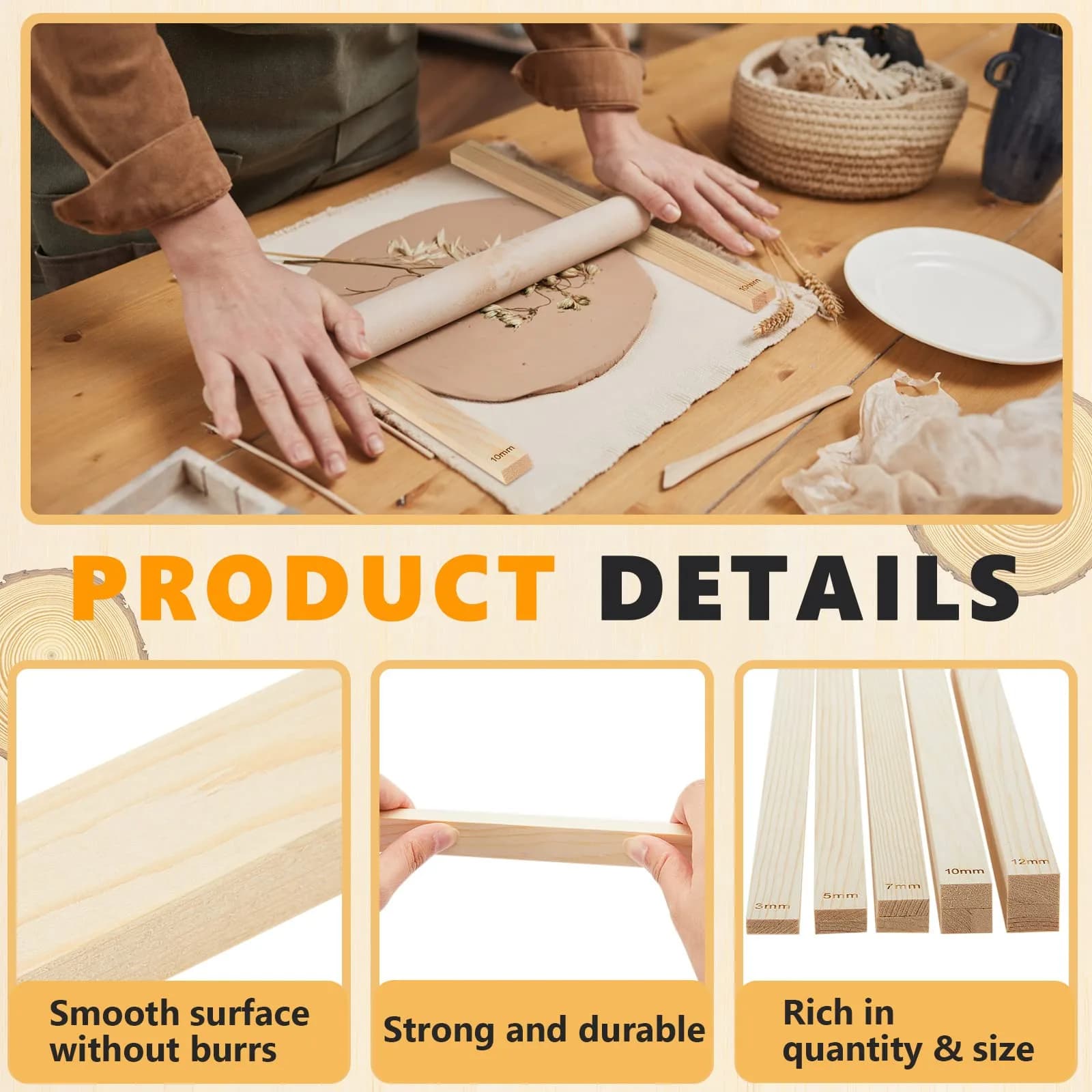 Sasylvia 10 Pcs Wood Clay Pottery Rolling Pin Guides Set, 34cm (13.4in) Length | Essential for Flat Clay Slabs - view 3