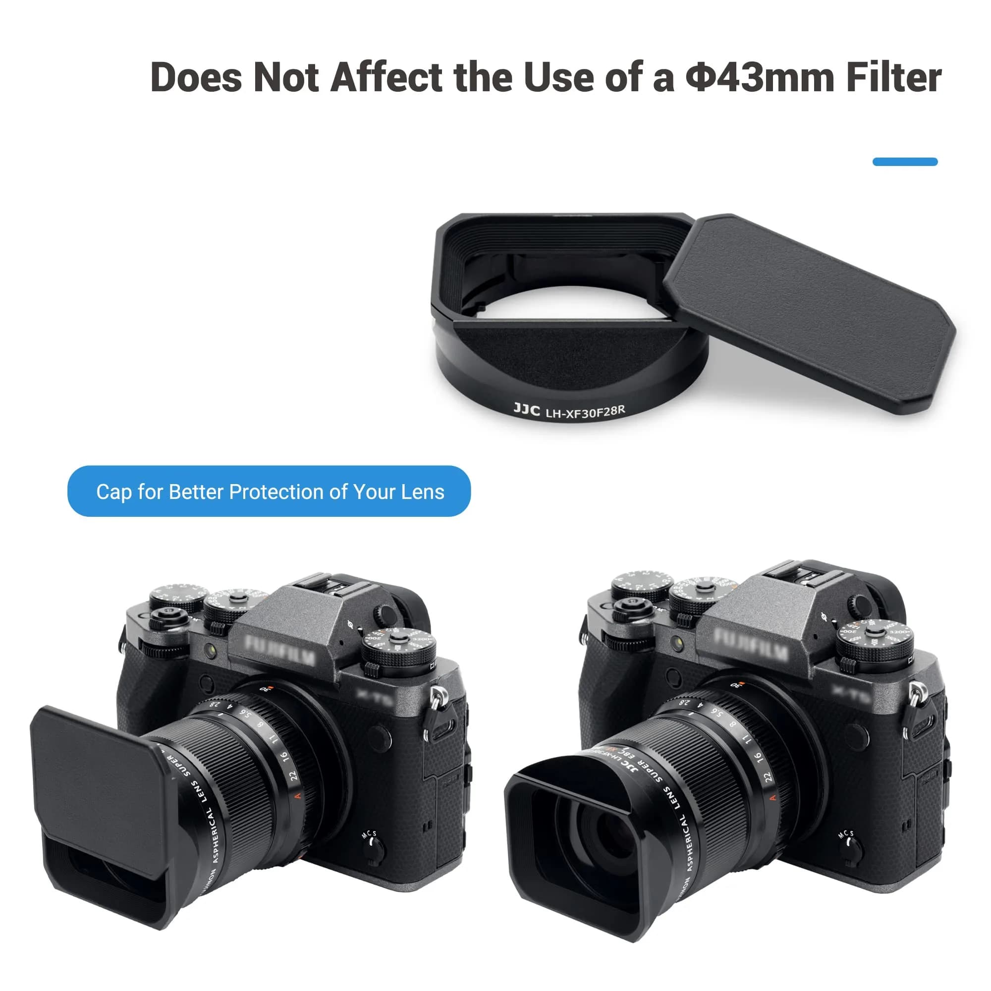 JJC Square Metal Lens Hood Shade for Fujifilm XF 30mm f/2.8 R LM WR Macro Lens with Protective Cap | 43mm Filter Compatible - view 6
