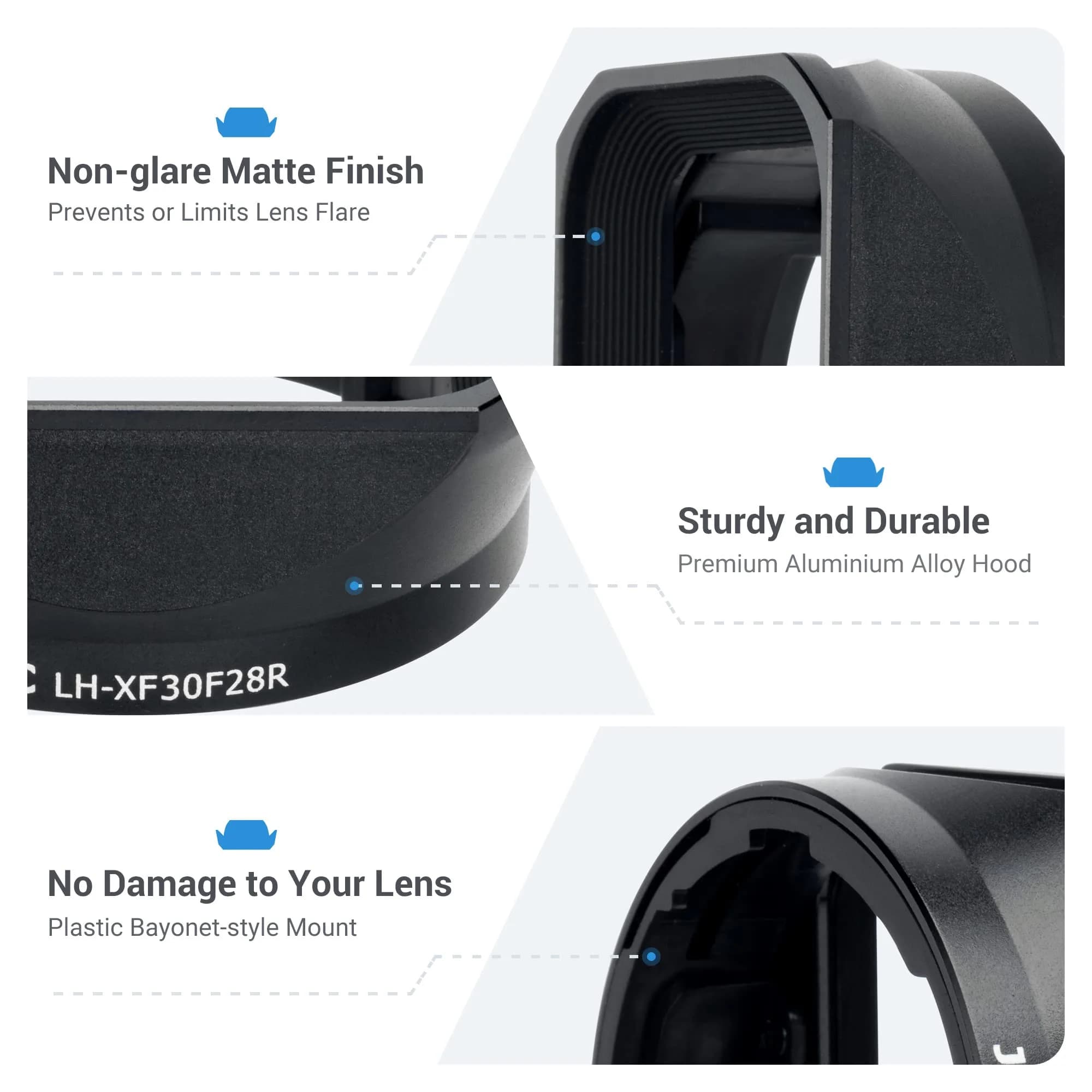 JJC Square Metal Lens Hood Shade for Fujifilm XF 30mm f/2.8 R LM WR Macro Lens with Protective Cap | 43mm Filter Compatible - view 4