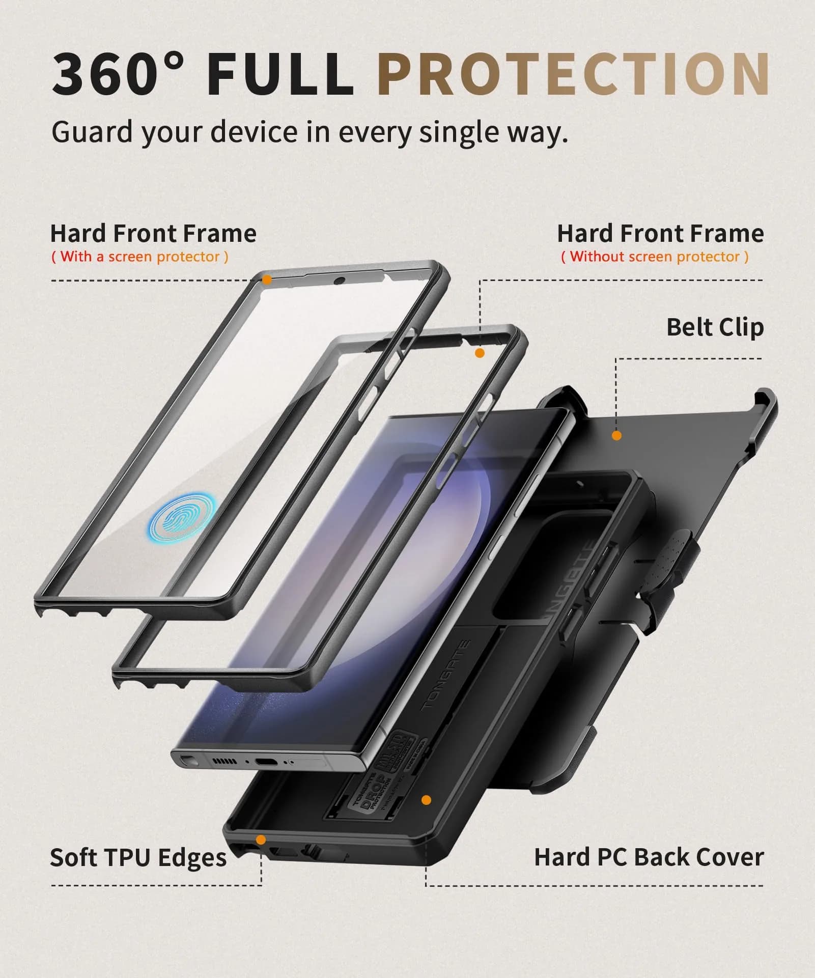 TONGATE Black Case for Samsung Galaxy S23 Ultra | Slide Camera Cover, Kickstand, Belt Clip, 2 Front Frames thumbnail 5