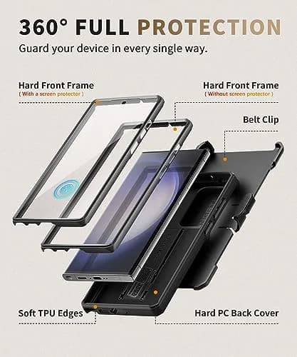 TONGATE Black Case for Samsung Galaxy S23 Ultra | Slide Camera Cover, Kickstand, Belt Clip, 2 Front Frames thumbnail 5