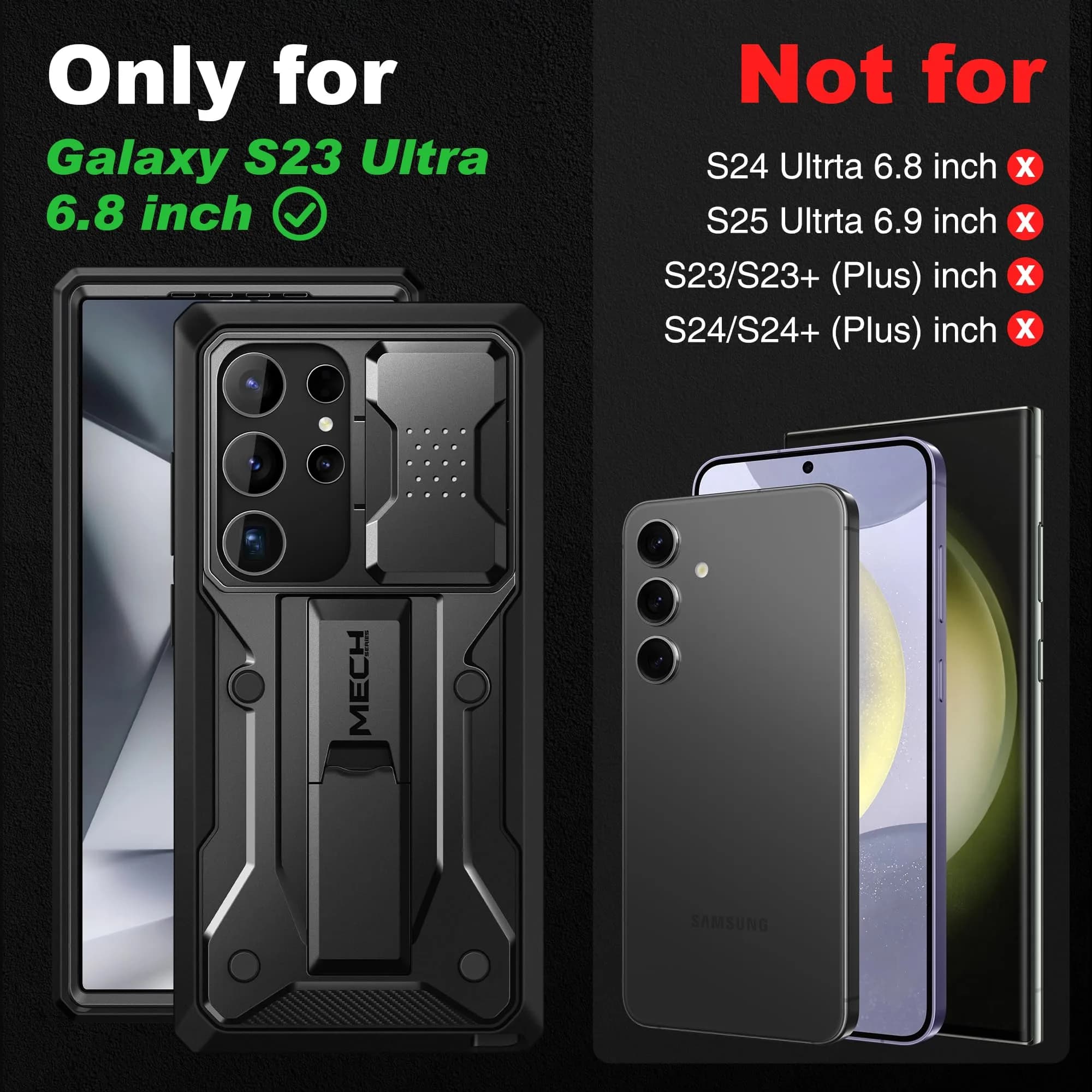 TONGATE Black Case for Samsung Galaxy S23 Ultra | Slide Camera Cover, Kickstand, Belt Clip, 2 Front Frames thumbnail 2