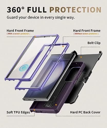 TONGATE Purple Case for Samsung Galaxy S23 Ultra | Slide Camera Cover, Kickstand, Belt Clip, 2 Front Frames thumbnail 5