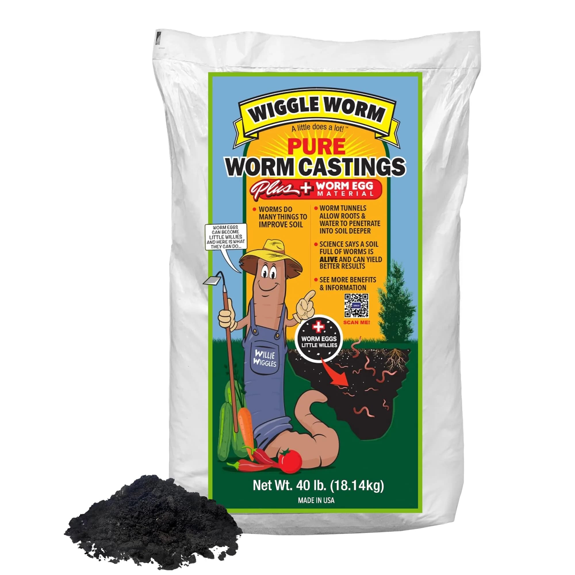 Wiggle Worm 100% Pure Worm Castings Plus Worm Egg Material, 40lb | Organic Fertilizer for Healthy Soil & Plants