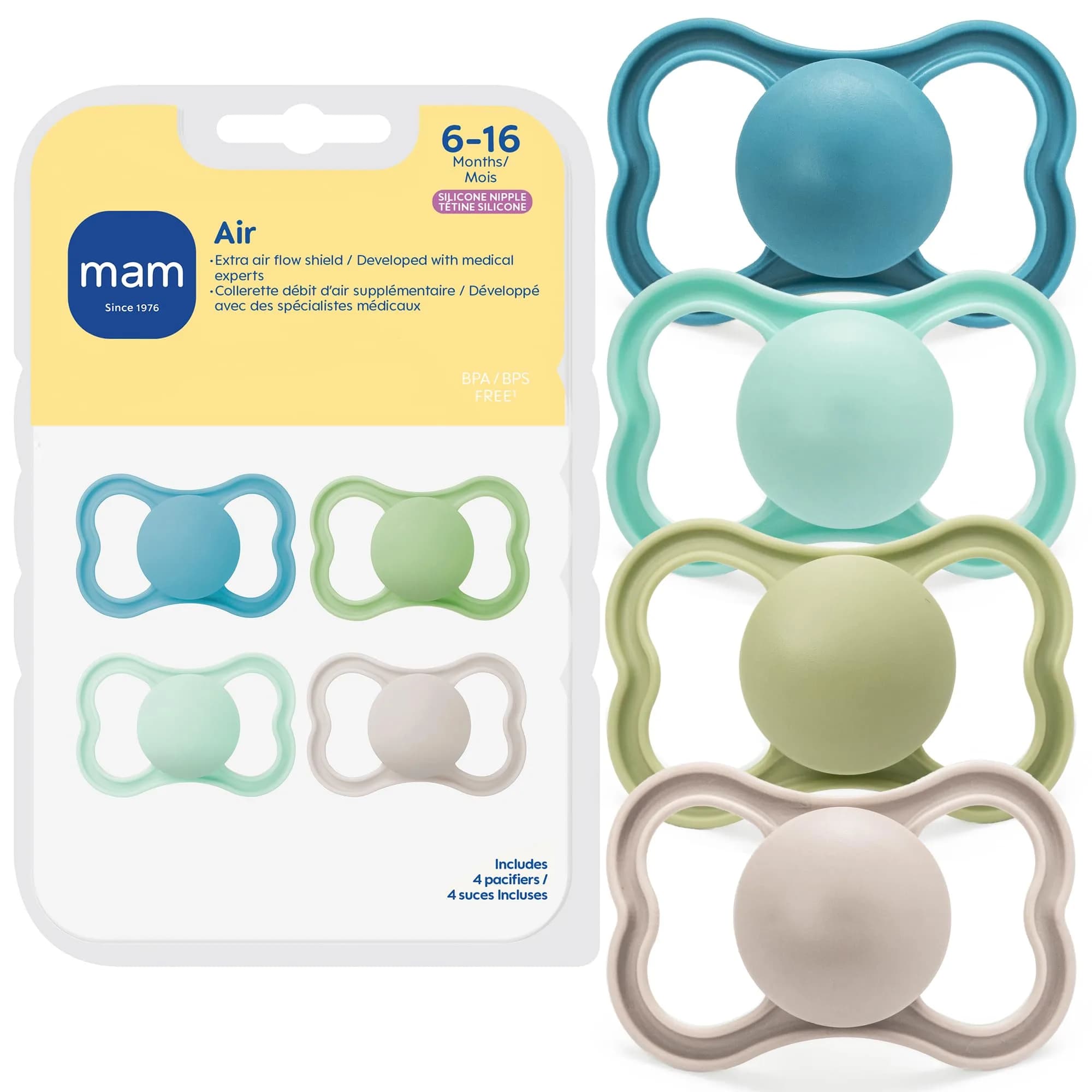 MAM Air Pacifier 6-16 Months, Extra Air Flow for Sensitive Skin, 4 Pack | Developed with Medical Experts, BPA-Free, Skin Soft Silicone — 4-Pack