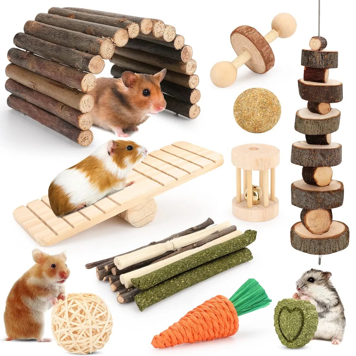 YIXUND Small Animal Chew Toys Set | 12 Different Molar & Activity Toys for Hamsters, Guinea Pigs, Rabbits, Chinchillas — Bendable Hideout
