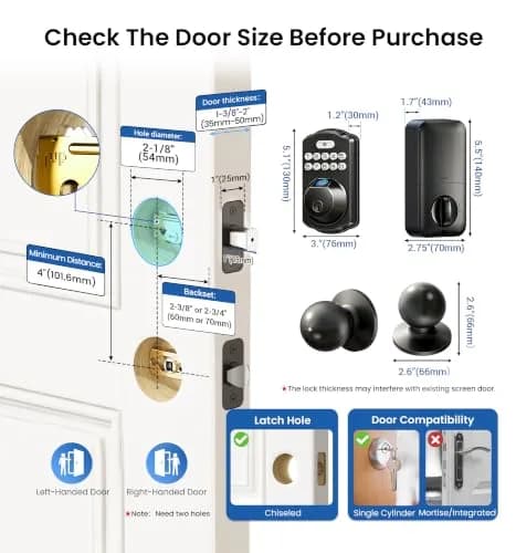 Veise KS02C Fingerprint Deadbolt Door Lock with Knob Set | Matte Black, Biometric & Keyless Entry (70-120 chars) thumbnail 6