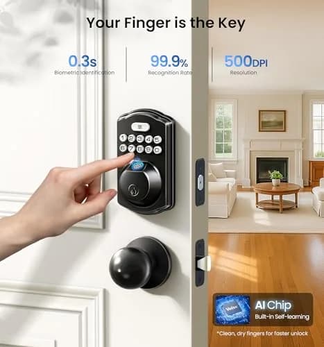 Veise KS02C Fingerprint Deadbolt Door Lock with Knob Set | Matte Black, Biometric & Keyless Entry (70-120 chars) thumbnail 2