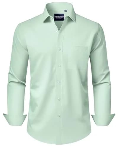 Alimens & Gentle Light Green Button Down Shirt Men's Regular Fit Long Sleeve, 95% Polyester 5% Spandex | Classic Elegance Meets Modern Chic thumbnail 1