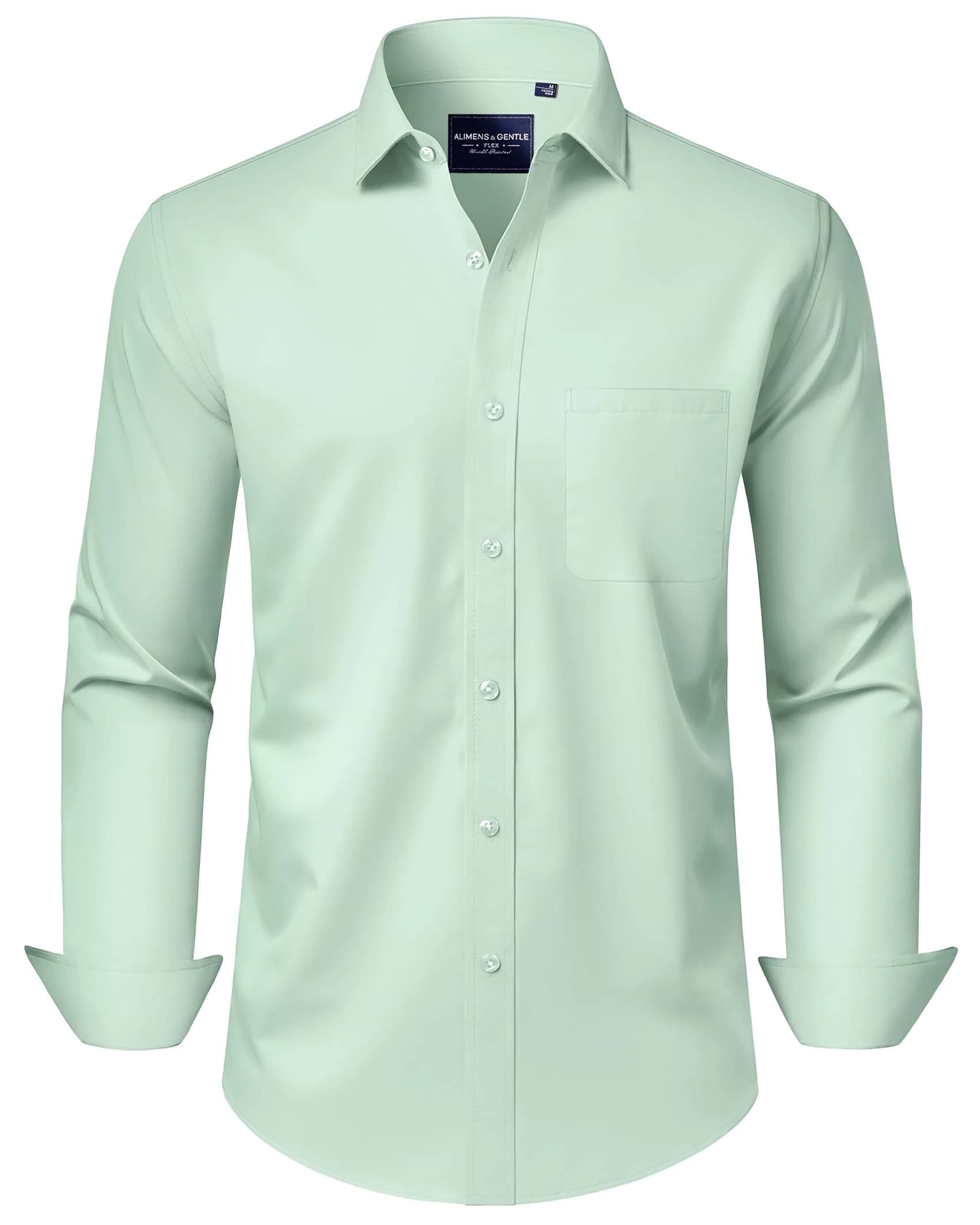 Alimens & Gentle Light Green Button Down Shirt Men's Regular Fit Long Sleeve, 95% Polyester 5% Spandex | Classic Elegance Meets Modern Chic