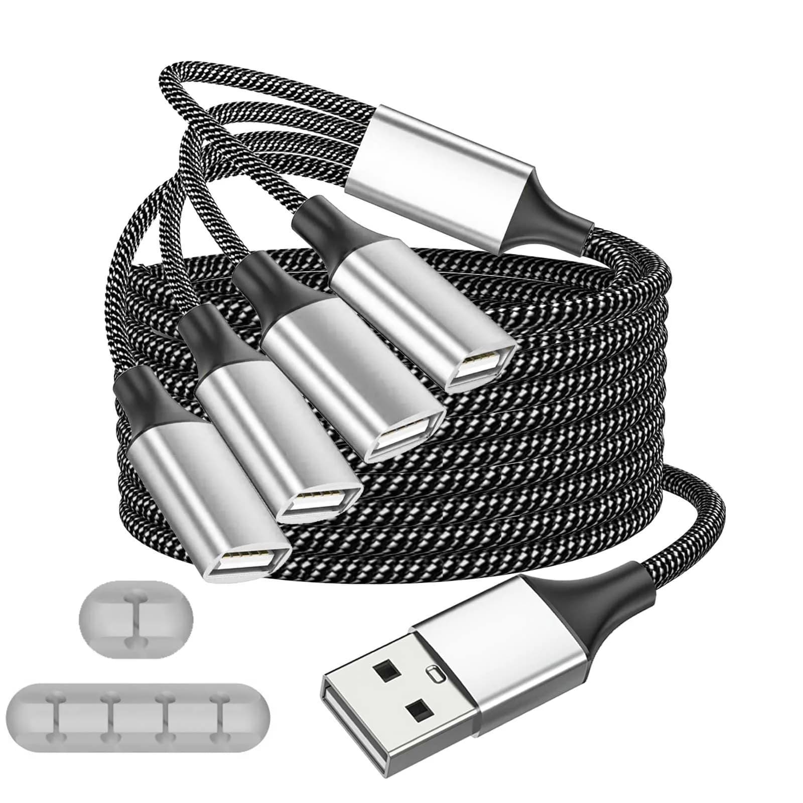Fidioto USB Y Splitter 1 Male to 4 Female 1.2m (4ft) | Expands 1 USB-A Port to 4 for Data & Charging - main product image