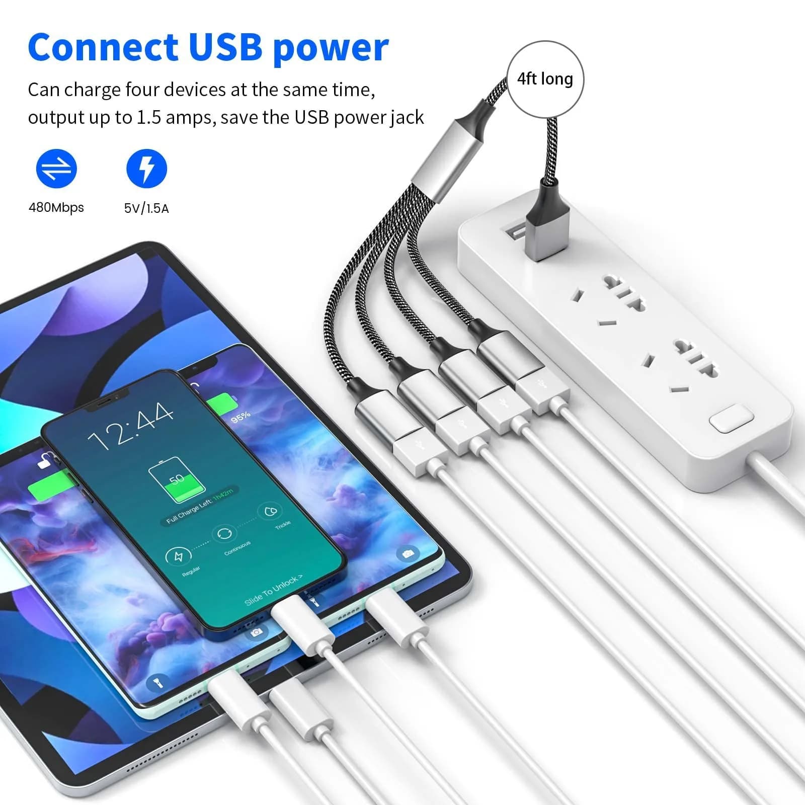Fidioto USB Y Splitter 1 Male to 4 Female 1.2m (4ft) | Expands 1 USB-A Port to 4 for Data & Charging - view 5