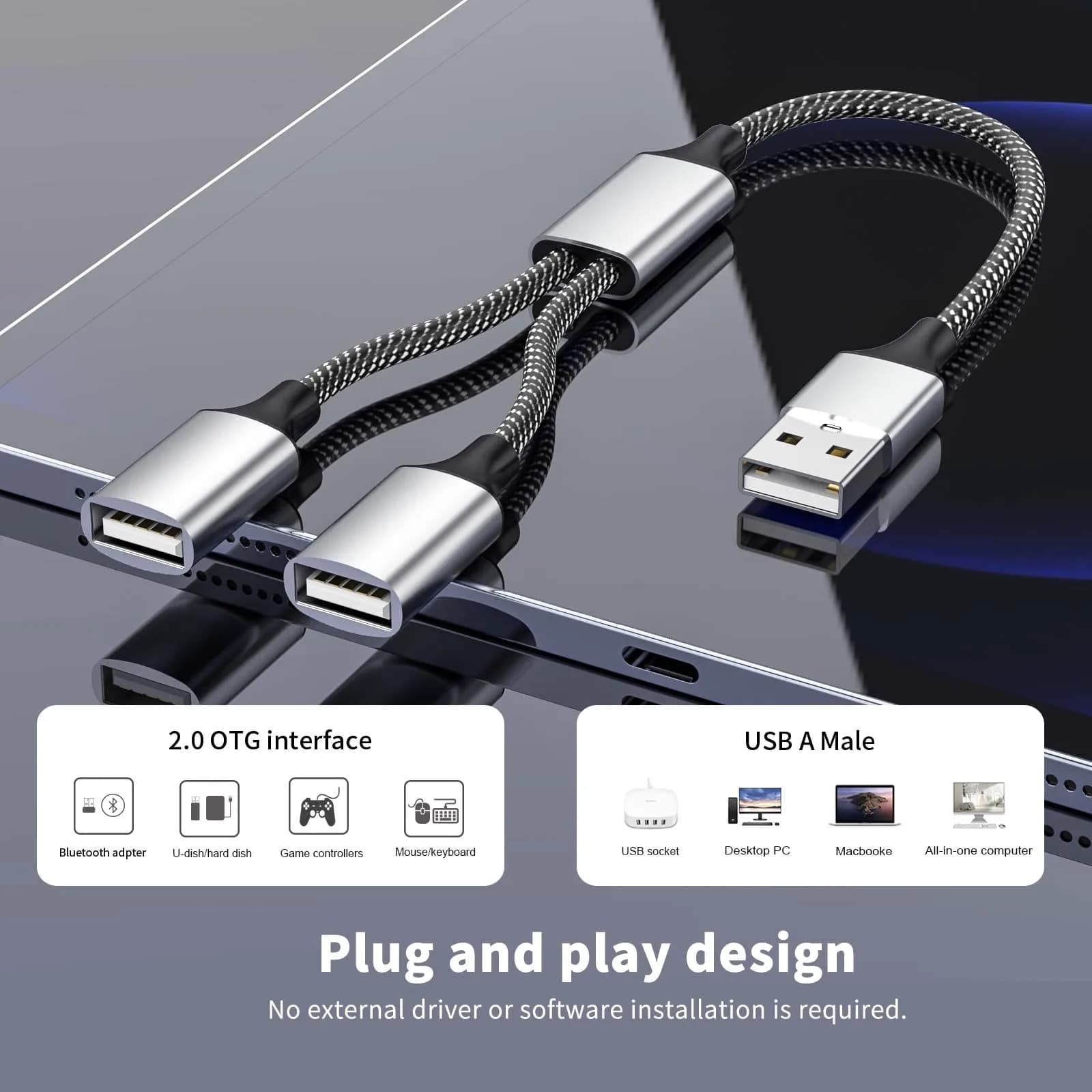 Fidioto USB Y Splitter 1 Male to 2 Female, 10-inch Cable | Expands 1 USB-A Port to 2 for Data & Charging - view 2