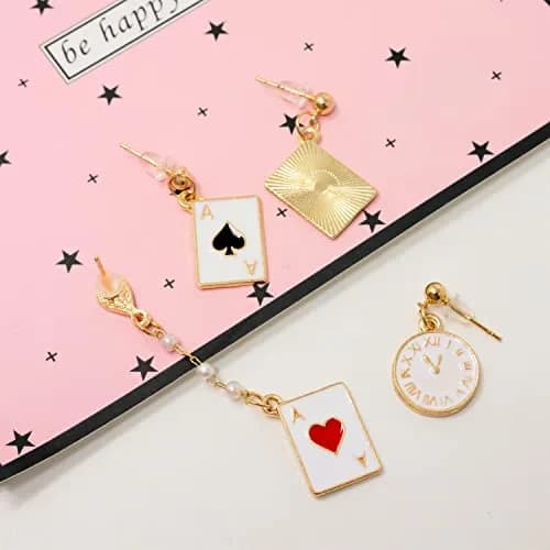Honbay Enamel Alloy Poker Card Dangle Drop Earrings - Casual Hearts & Spades, 2.17in | Unique asymmetrical casino jewelry thumbnail 3