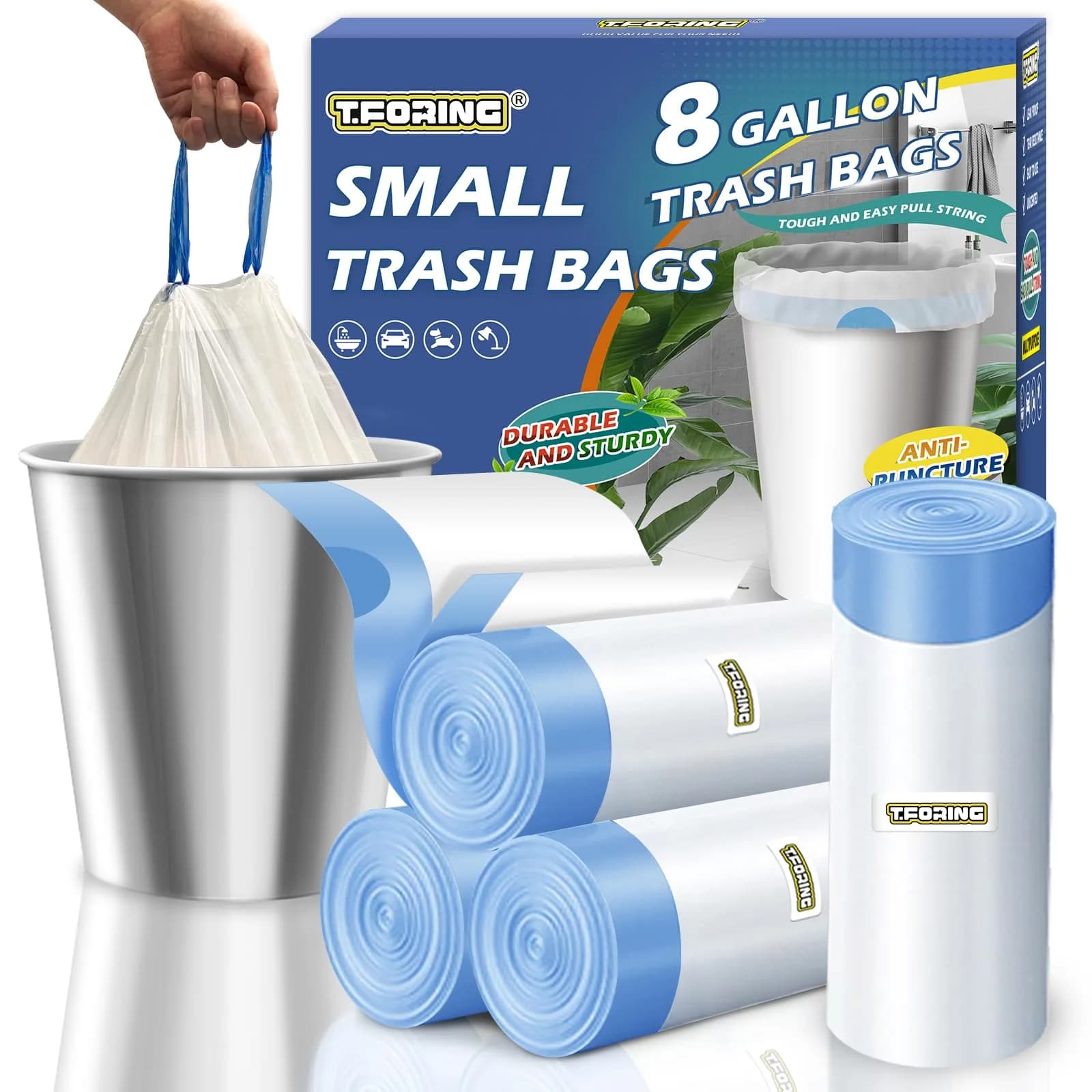 T.FORING 8 Gallon Drawstring Trash Bags, 100 Count (1.2 Mil Thick) | Unscented, Leak-Proof, USA Import - main product image