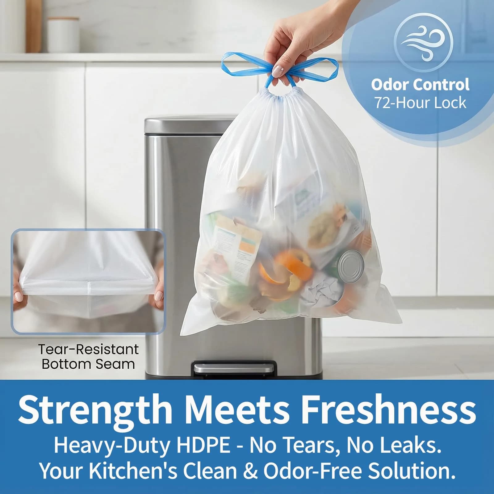 T.FORING 8 Gallon Drawstring Trash Bags, 100 Count (1.2 Mil Thick) | Unscented, Leak-Proof, USA Import - view 6