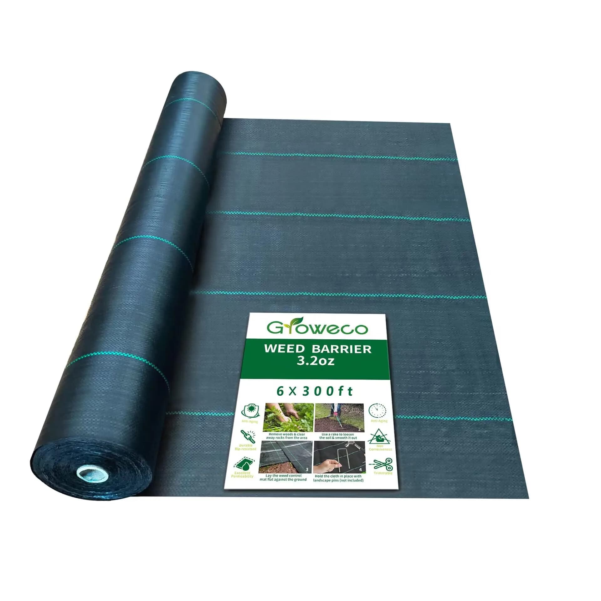 Groweco Heavy Duty Weed Barrier Landscape Fabric 6FT x 300FT (183cm x 9144cm) | Woven Geotextile Ground Cover for Driveways & Gardens — 6X300 FT