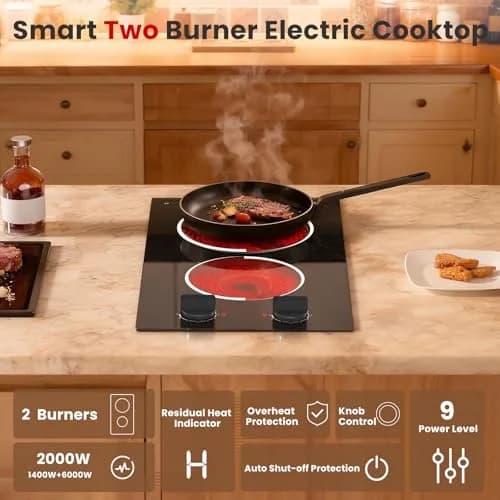 Jessier 2 Burner Electric Cooktop 220V Compatible 3000W | Tempered Glass Countertop or Built-in thumbnail 4