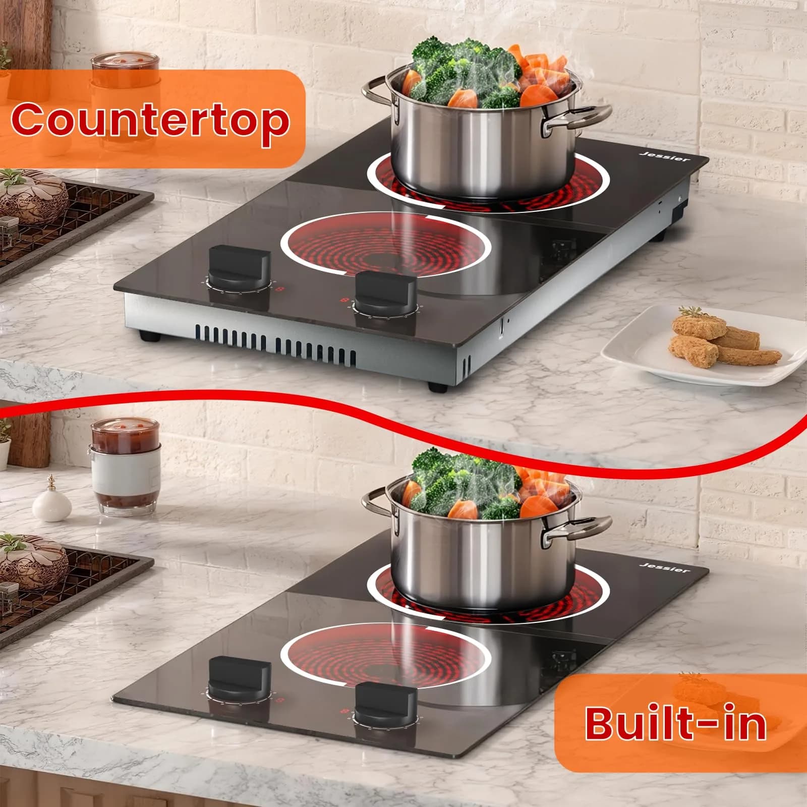 Jessier 2 Burner Electric Cooktop 220V Compatible 3000W | Tempered Glass Countertop or Built-in - view 5