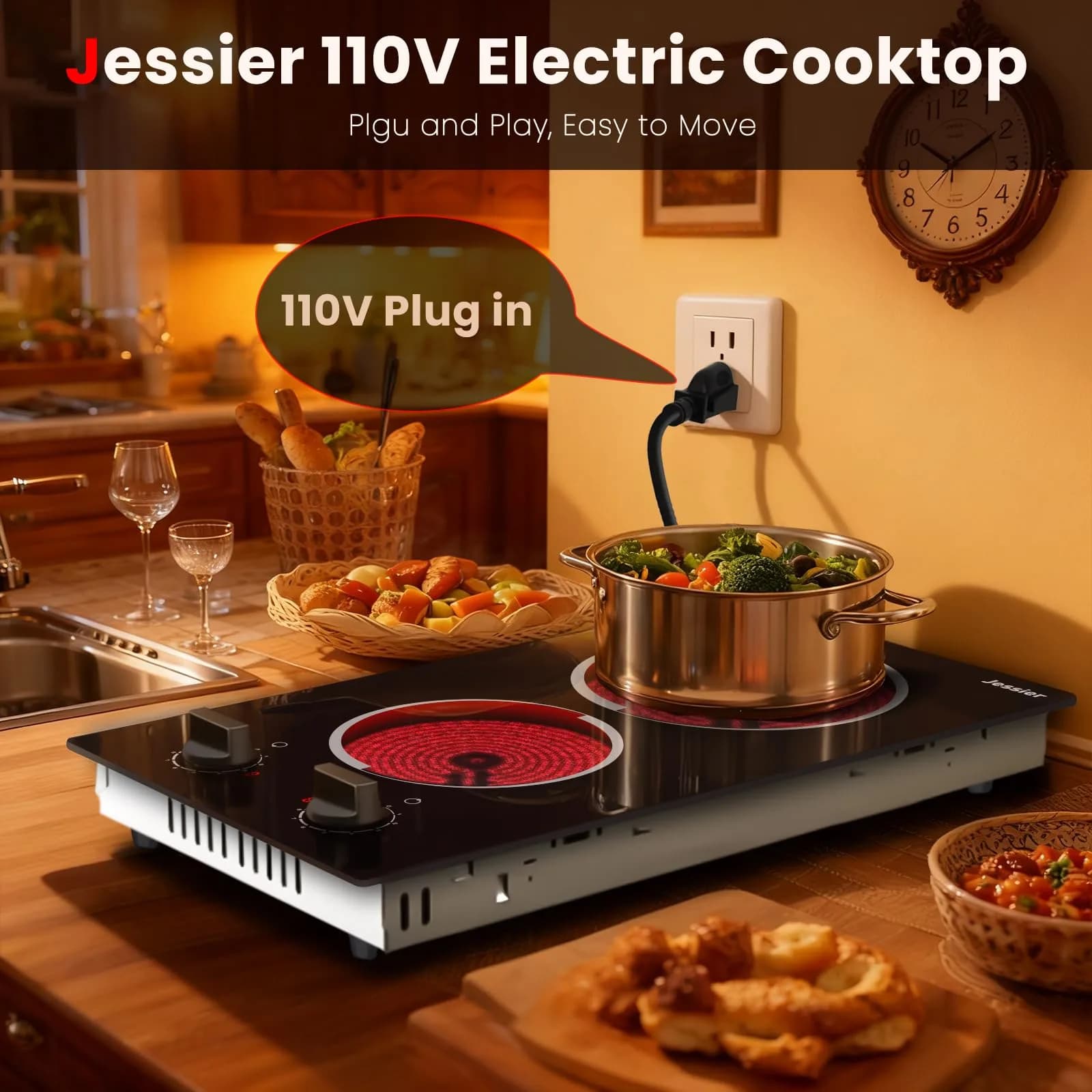 Jessier 2 Burner Electric Cooktop 220V Compatible 3000W | Tempered Glass Countertop or Built-in - view 7