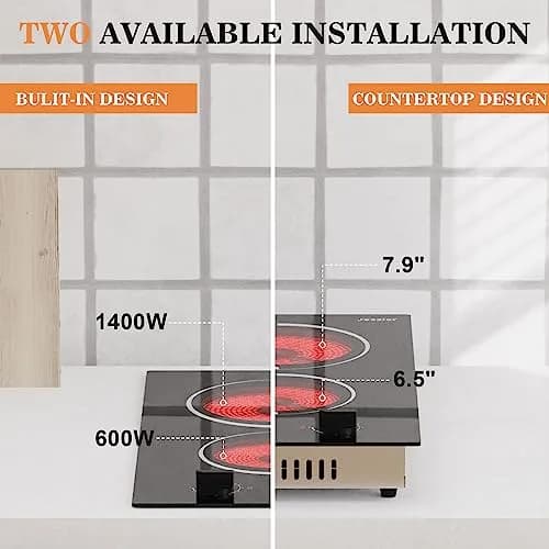 Jessier 2 Burner Electric Cooktop 220V Compatible 3000W | Tempered Glass Countertop or Built-in thumbnail 9